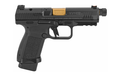 CANIK, TP9SF Combat Executive, Striker Fired, Semi-automatic, Polymer Frame Pistol, 9MM, 4.73" Salient PVD Gold Finish Threaded Barrel, Aluminum Speed Funnel Mag Well, Black, Fiber Optic Front Sight, 2 Magazines, (1)-15 Round and (1)-18 Round, Optics Ready Slide with 1 Adapter Plate, Charging Handle
