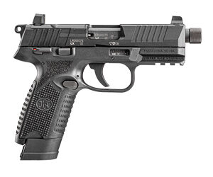 FN America, 502, Tactical, Single Action Only, Semi-automatic, Polymer Frame Pistol, Compact Size, 22 LR, 4.6" Threaded Barrel, 1/2X28 TPI, Black, Fixed Suppressor Height Sights, Ambidextrous Thumb Safety, No Decocker, Optics Ready Slide, 2 Magazines, (1)-10 Round and (1)-15 Round