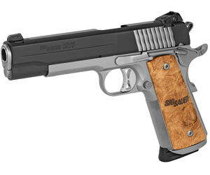 Sig Sauer, 1911M, STX, Massachusetts Compliant, Single Action Only, Semi-automatic, Metal Frame Pistol, Full Size, 45 ACP, 5" Barrel, Steel, Reverse Two-Tone, Burled Maple Grips, Adjustable SIGLITE Night Sights, Ambidextrous Thumb Safety, 8 Rounds, 2 Magazines
