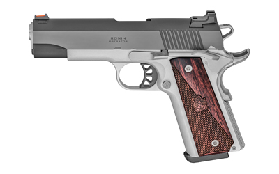 Springfield, Ronin, 1911, Single Action Only, Semi-automatic, Metal Frame Pistol, Commander, 9MM, 4.25" Match Grade Barrel, Alloy, Blued Slide, Satin Cerakote Frame, Wood Grips, Fiber Optic Front Sight, Tactical Rack White Dot Rear Sight, Manual Thumb Safety, 9 Rounds, 1 Magazine