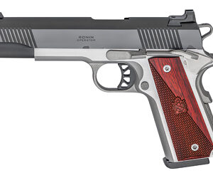 Springfield, Ronin, 1911, Single Action Only, Semi-automatic, Full Size, 45 ACP, 5" Match Grade Barrel, Steel, Blued Slide, Stainless Frame, Wood Grips, Fiber Optic Front Sight, Tactical Rack White Dot Rear Sight, Manual Thumb Safety, 8 Rounds, 1 Magazines