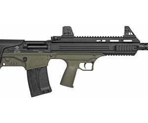 American Tactical, Bulldog, Semi-automatic Shotgun, Bullpup, 12 Gauge 3" Chamber, 18.5" Barrel, Matte Finish, Olive Drab Green and Black, Open Iron Sights, AR Style Charging Handle, 3-Piece Choke Tube Set, Adjustable Cheek Rest, Picatinny and M-LOK Rail, 5 Rounds, 1 Magazine