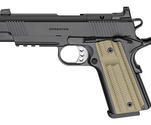 Springfield, Operator AOS, 1911, Single Action Only, Semi-automatic, Metal Frame Pistol, Commander Size, 9MM, 4.25" Match Grade Barrel, Aluminum Alloy Frame, Carbon Steel Slide, Cerakote Finish, Black, Optic Ready, VZ G10 Grips, Tritium Front Sight, Tactical Rack White Dot Rear Sight, Ambidextrous Thumb Safety, 9 Rounds, 2 Magazines