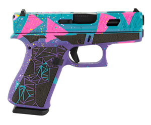 GLOCK, 43X, 80's DAY, Striker Fired, Semi-automatic, Polymer Frame Pistol, Sub Compact, 9MM, 3.41" Marksman Barrel, Custom Purple/Cyan/Pink Cerakote Finish by Shark Coast Tactical, Ambidextrous Slide Stop Lever, Flared Mag Well, No Finger Grooves, Front Serrations, Optics Ready Slide, Laser Stippled Grip, Fixed Sights, 10 Rounds, 2 Magazines, Will Only Accept RMSc and RMSc Footprint Optics, Must Use Screws From Shark Coast Tactical To Mount Optic