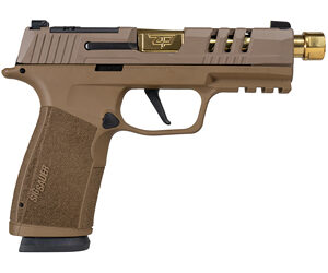 Sig Sauer, P365, XMacro, Striker Fired, Semi-automatic, Polymer Framed Pistol, Sub-Compact, 9MM, Gold Zaffiri Threaded 4.3" Barrel, Sand Cerakote Finish, XRAY3 Day/Night Sights, Optic Ready, 17 Rounds, 2 Magazines