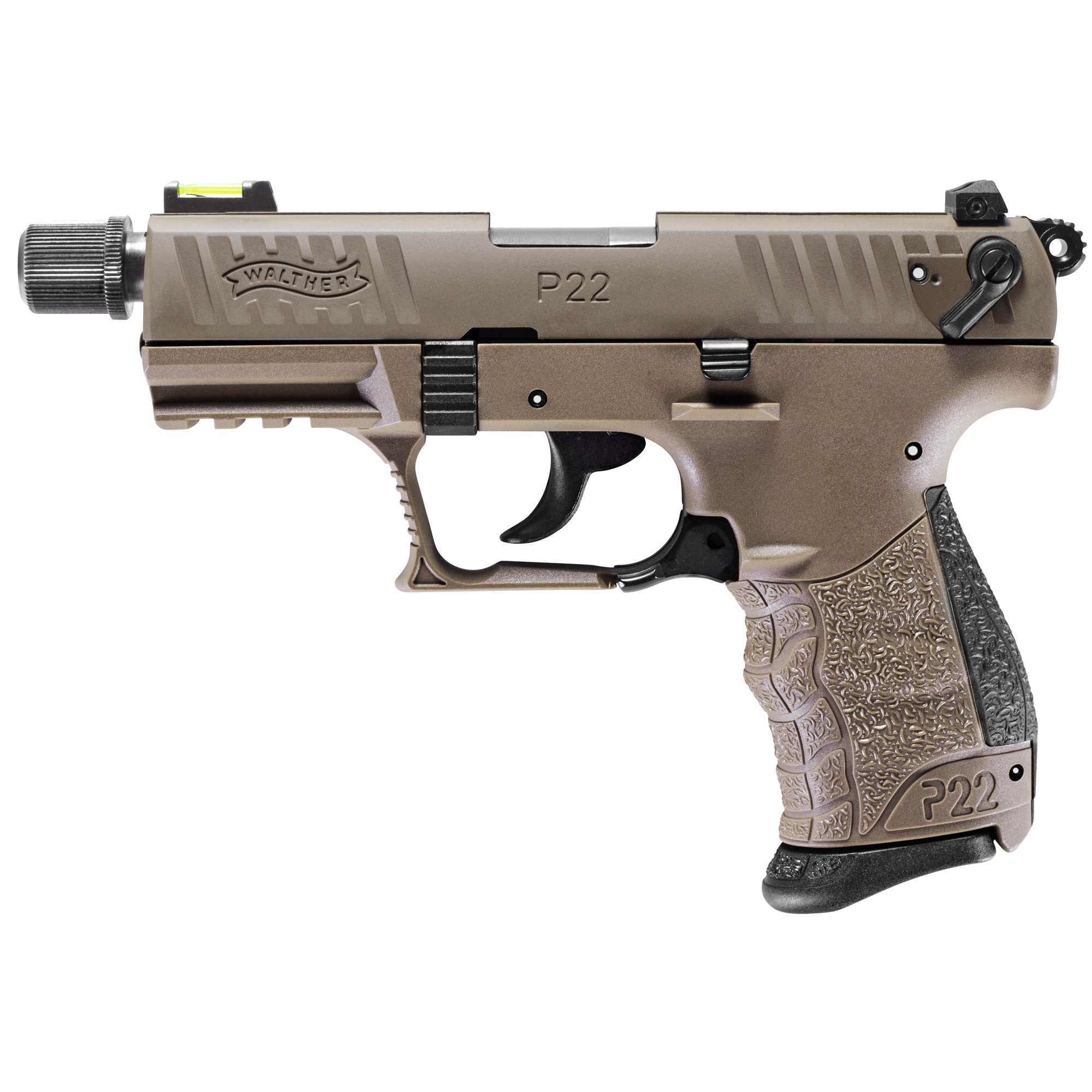 Walther, P22Q, Pistol, 22LR, Threaded Barrel, Flat Dark Earth, HiViz Fiber Optic Front Sight