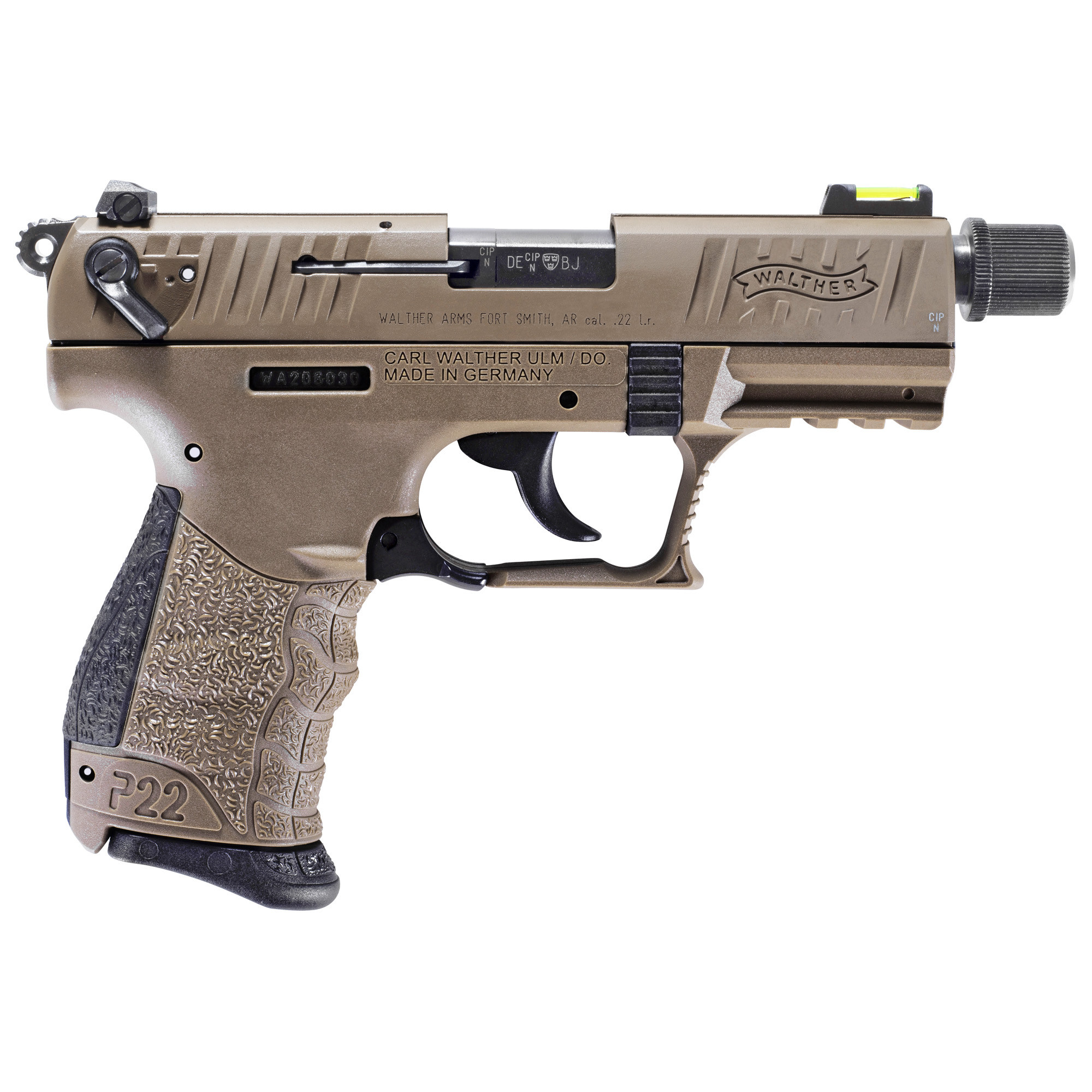 Walther, P22Q, Pistol, 22LR, Threaded Barrel, Flat Dark Earth, HiViz Fiber Optic Front Sight - Image 2