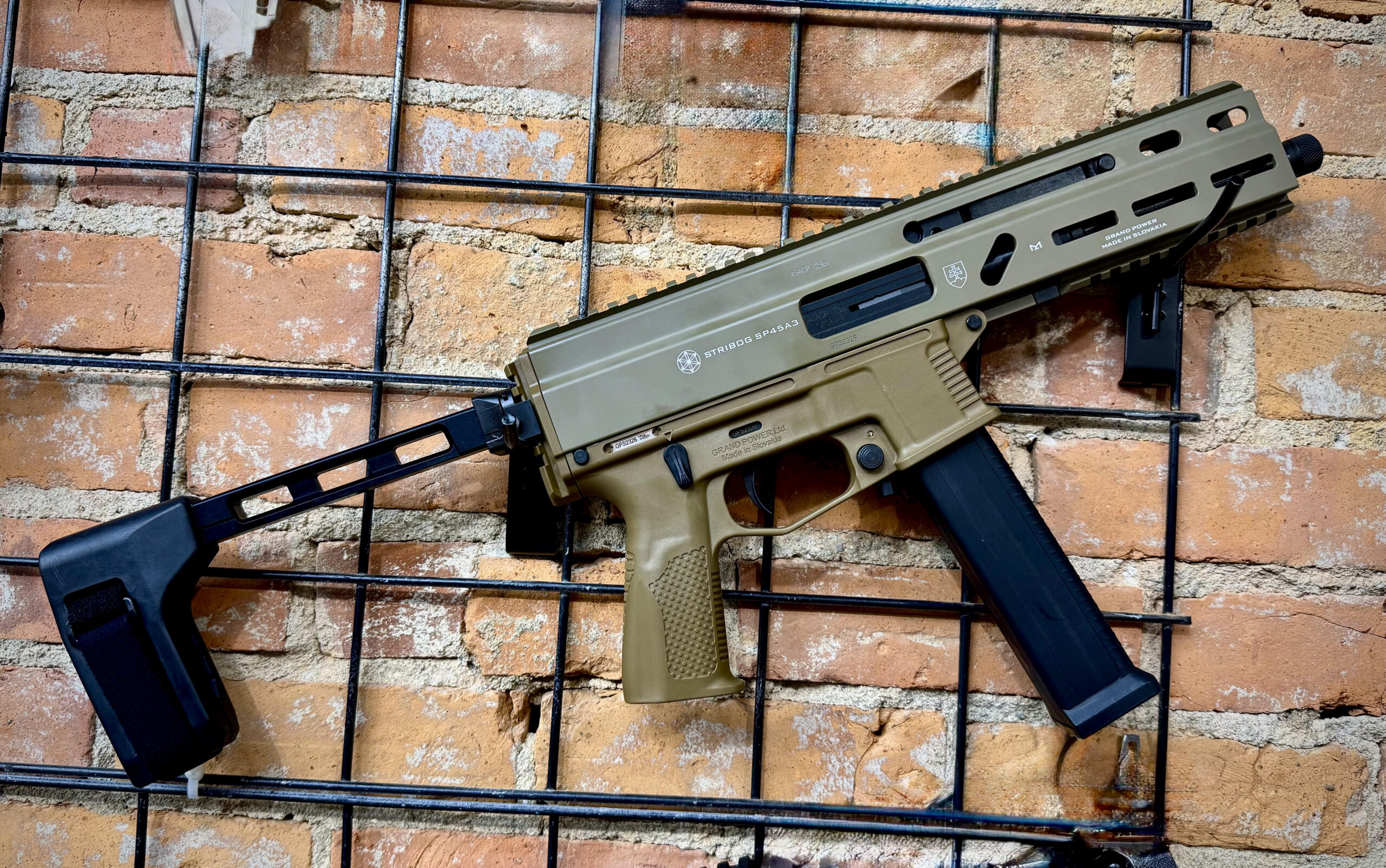 Grand Power, Stribog SP45A3, Semi-automatic, Aluminum Frame Pistol, 45 ACP, 8" Barrel, Matte Finish, Flat Dark Earth, M-LOK Rail, Manual Safety, 20 Rounds, 3 Magazines