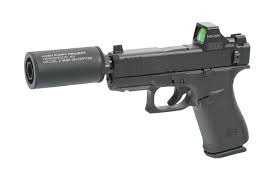 GLOCK, 43X Hush Puppy, Semi-automatic, Striker Fired, Polymer Frame Pistol, Sub-Compact, 3.92 Threaded Barrel, 1/2X28 Thread Pitch, Black Cerakote by Shark Coast Tactical, Suppressor Height Sights, Holosun 407K Red Dot, 10 Rounds, Includes Compact Hush Puppy Project Model 2 Suppressor and Hush Puppy Slide Lock Lever